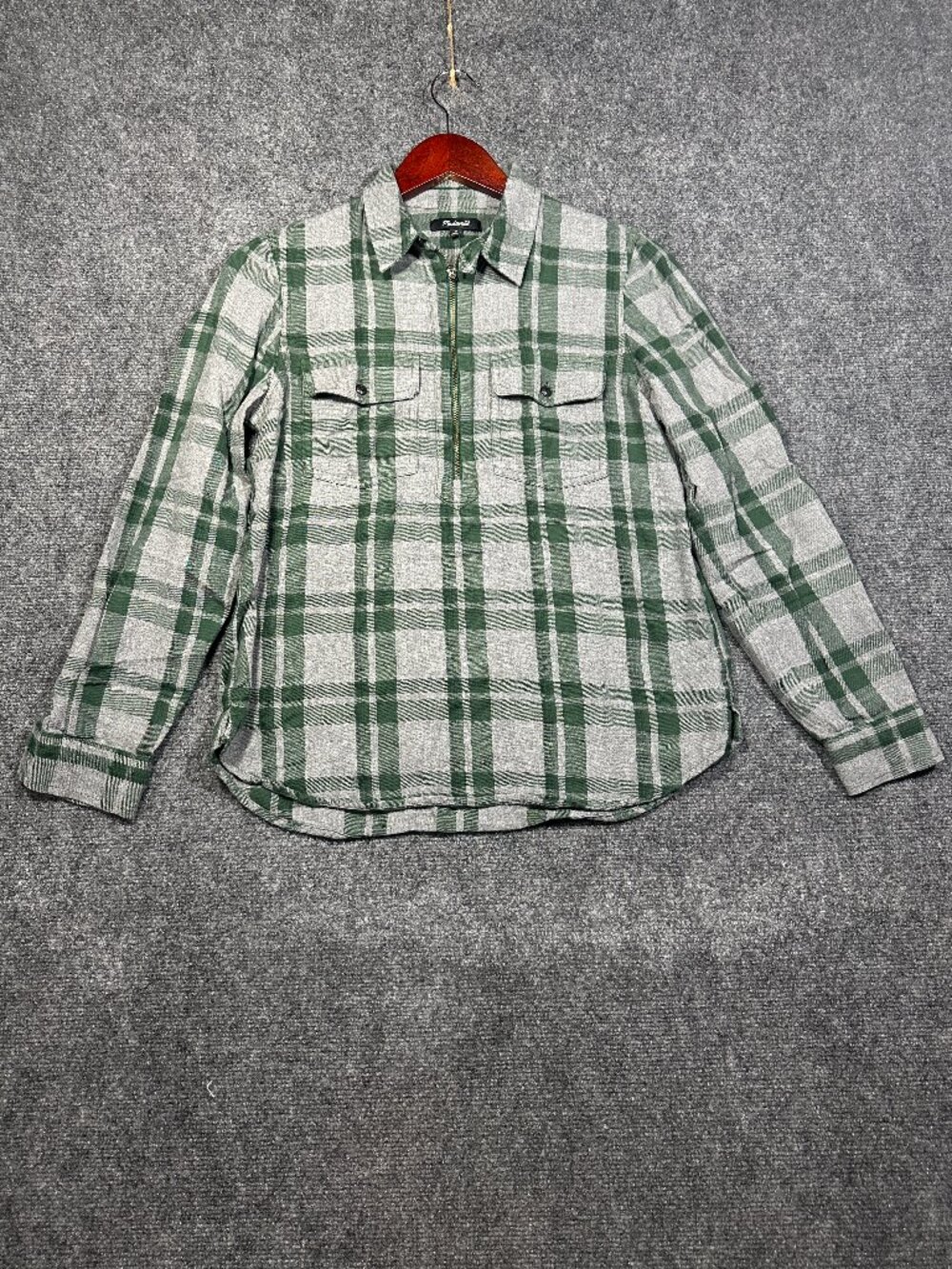 Madewell Top Womens Small Long Sleeve Popover Green Plaid Zip Neck Pockets